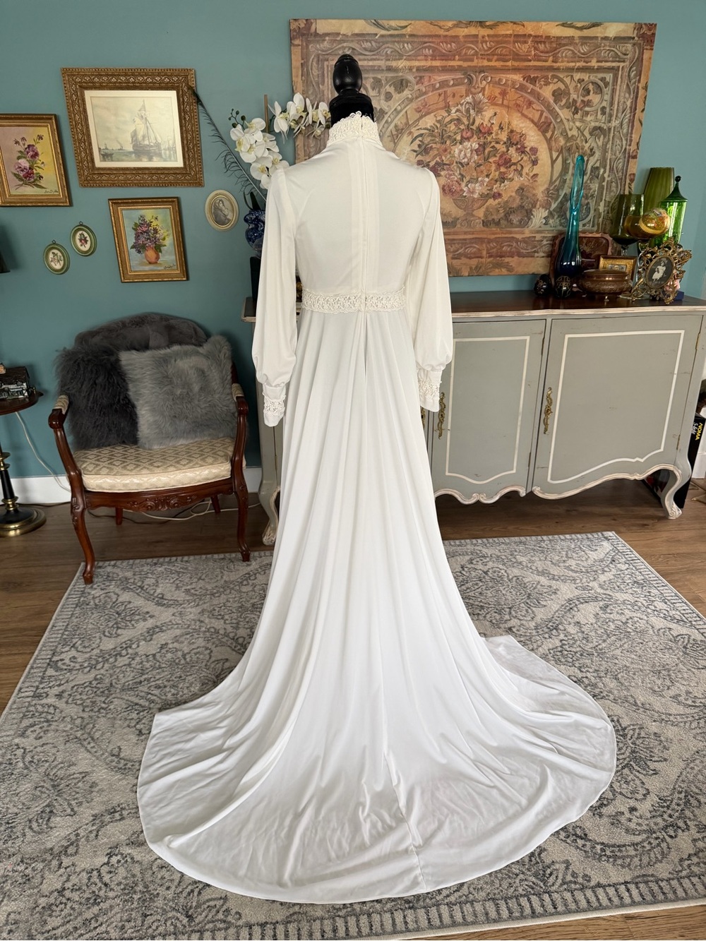 Vintage 1970’s Empire Waist White Long-Sleeve Maxi Dress with Lace Trim
